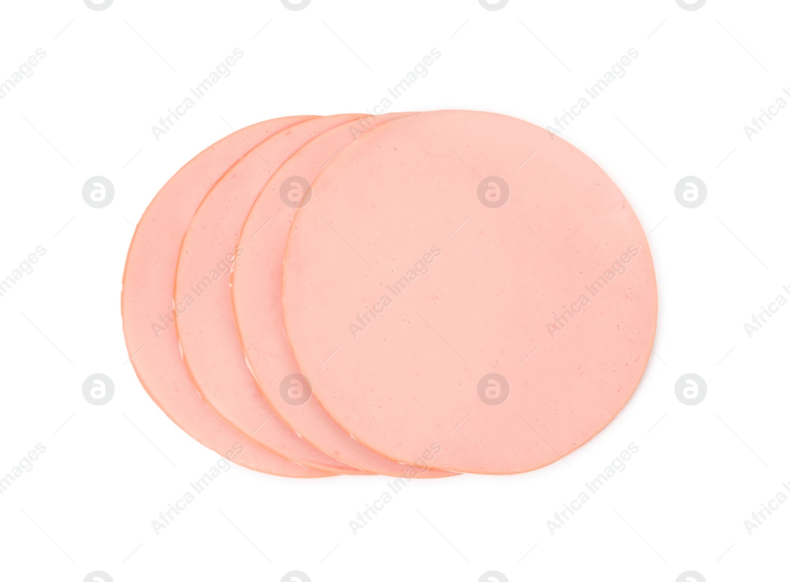 Photo of Slices of delicious boiled sausage on white background, top view