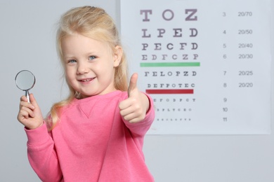 Little girl with magnifier visiting children's doctor, space for text. Eye examination