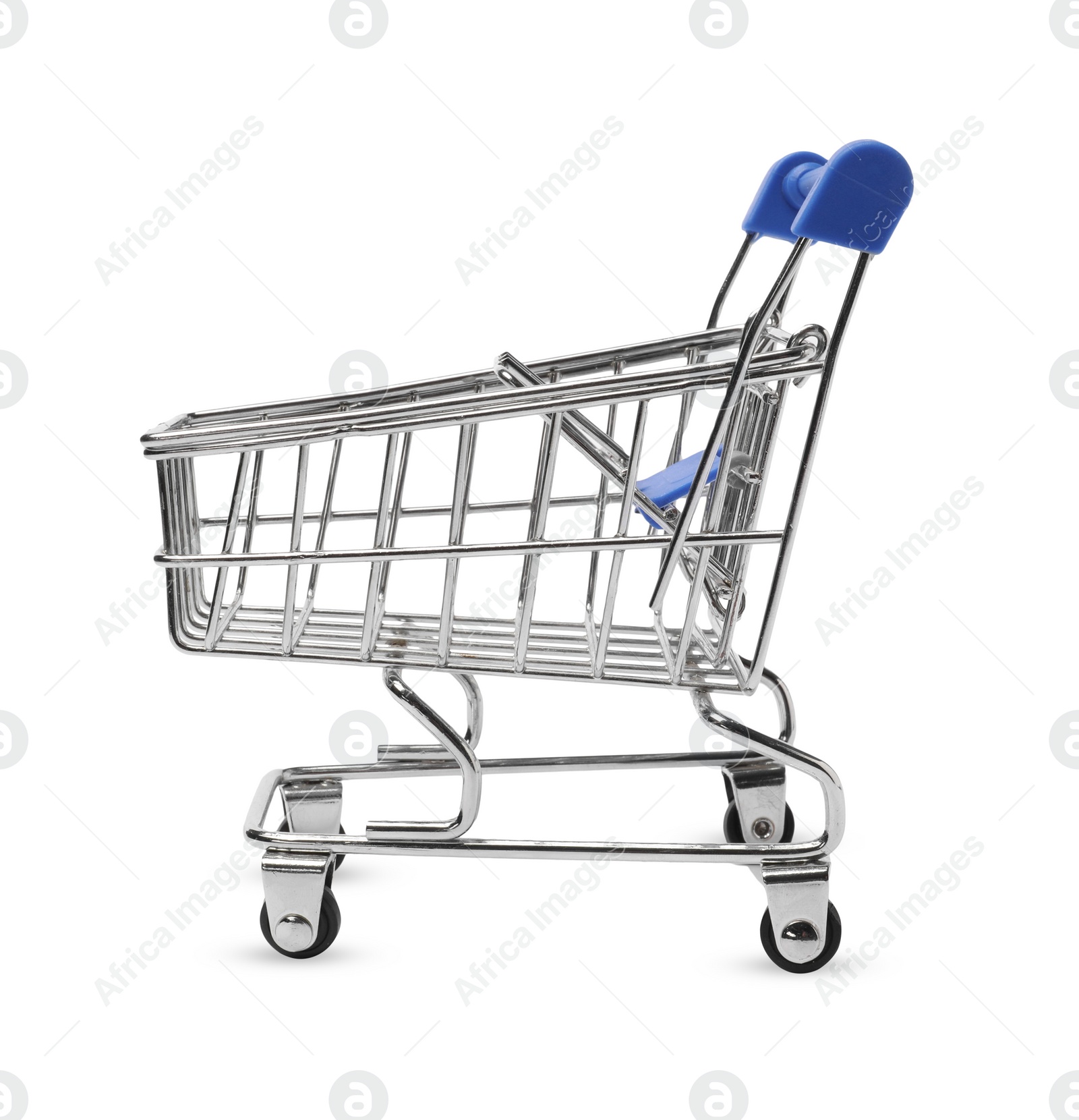 Photo of Empty mini metal shopping cart isolated on white