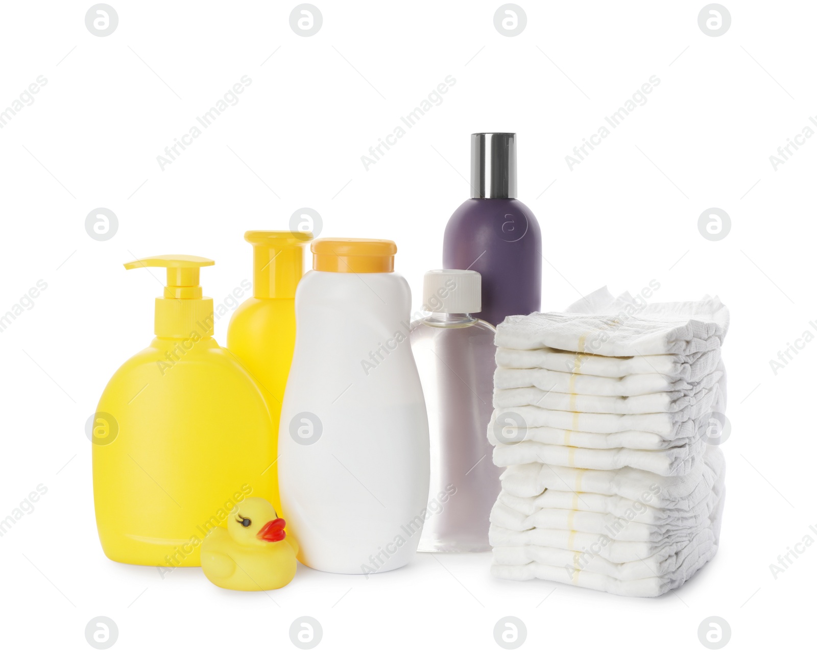 Photo of Set with different baby care products and dusting powder on white background