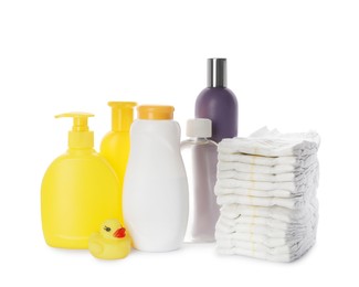 Set with different baby care products and dusting powder on white background