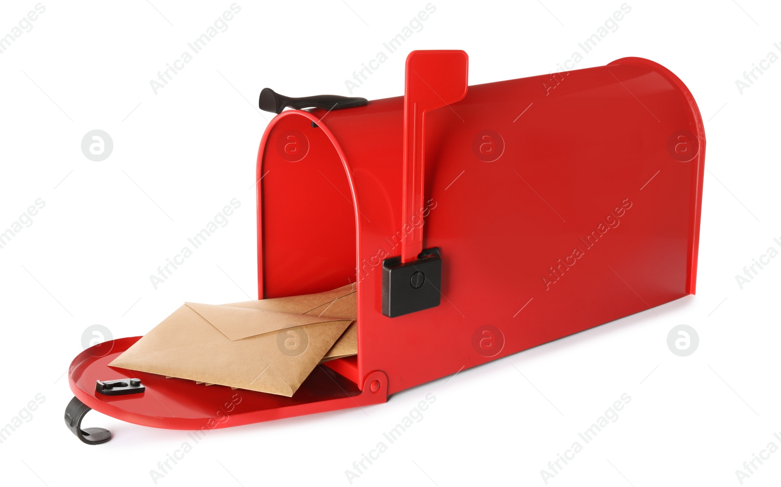 Photo of Open red letter box with correspondence on white background