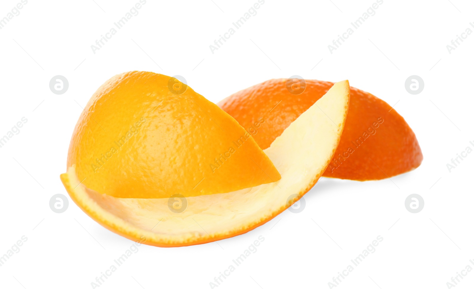 Photo of Fresh orange fruit peels on white background