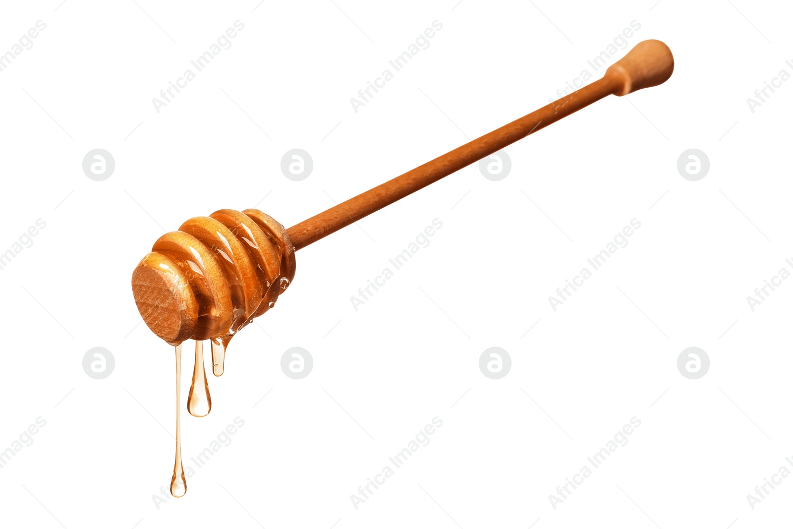 Image of Natural honey dripping from dipper on white background