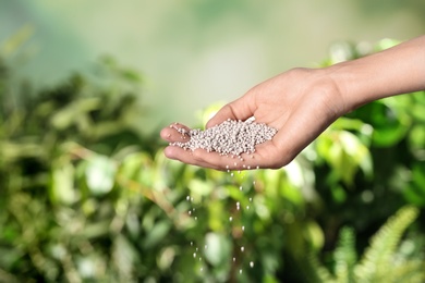 Photo of Woman pouring fertilizer on blurred background, closeup with space for text. Gardening time