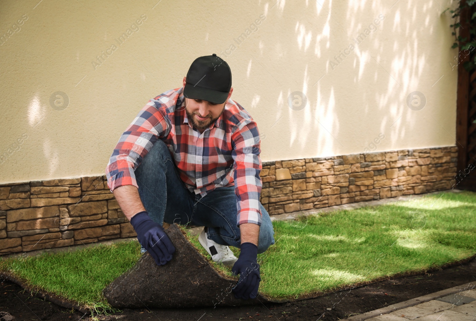 Photo of Young man laying grass sod on ground at backyard, space for text