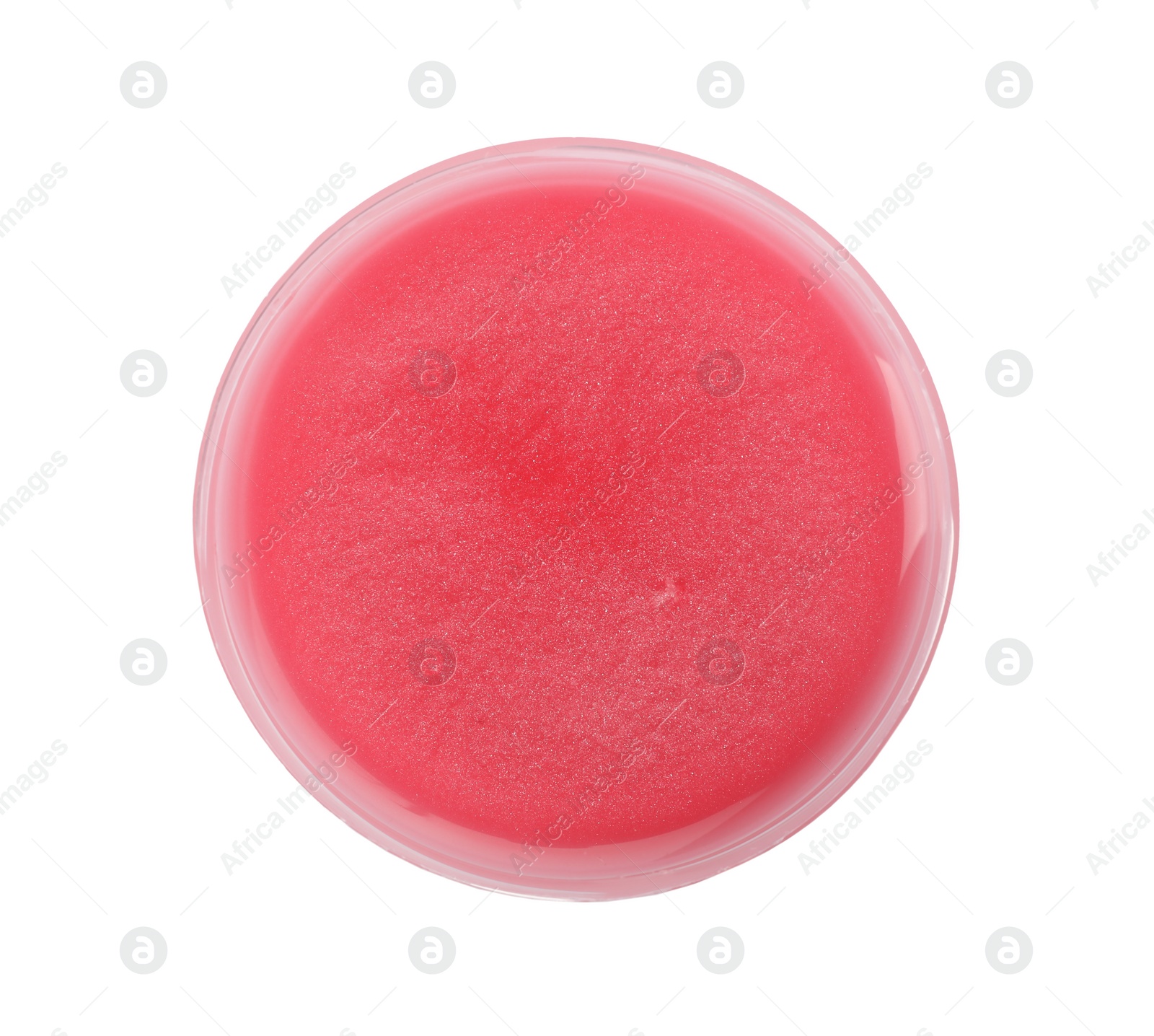 Photo of Red slime in plastic container isolated on white, top view. Antistress toy