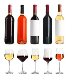 Set with bottles and glasses of different delicious expensive wines on white background