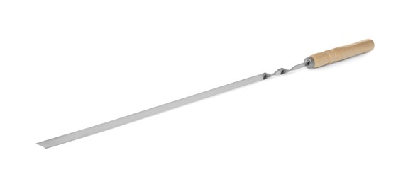 Metal skewer with wooden handle isolated on white