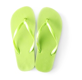 Photo of Bright flip flops on white background. Beach object