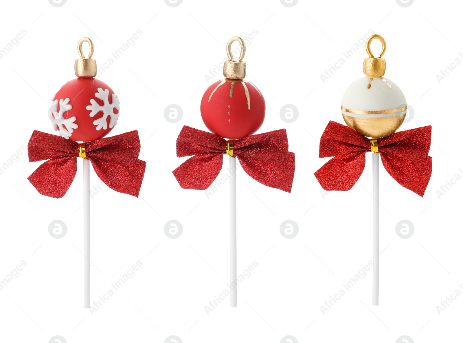 Image of Set of Christmas themed cake pops on white background