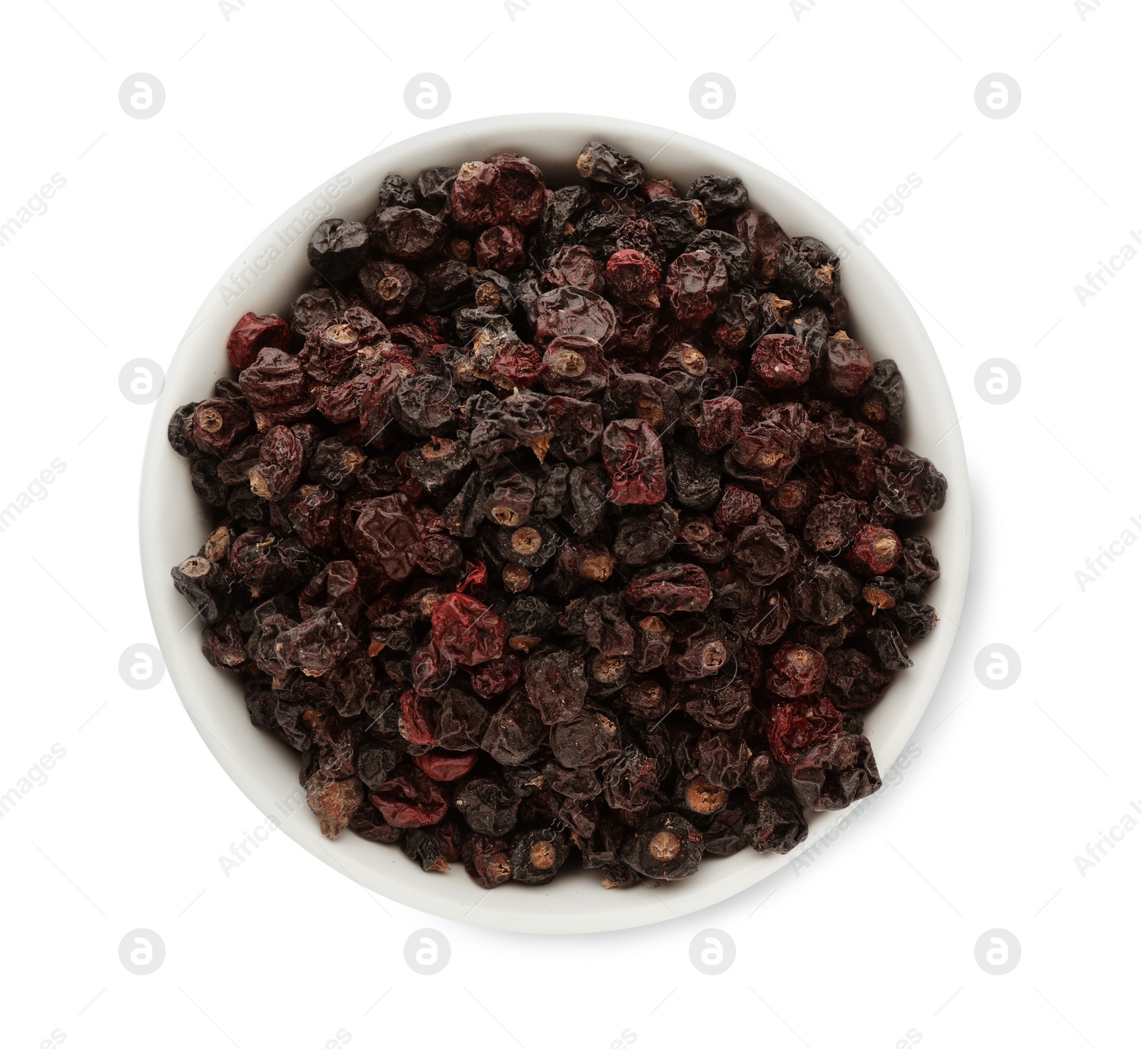 Photo of Bowl of tasty dried currants on white background, top view
