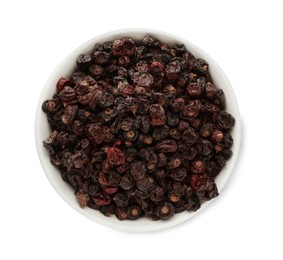 Bowl of tasty dried currants on white background, top view