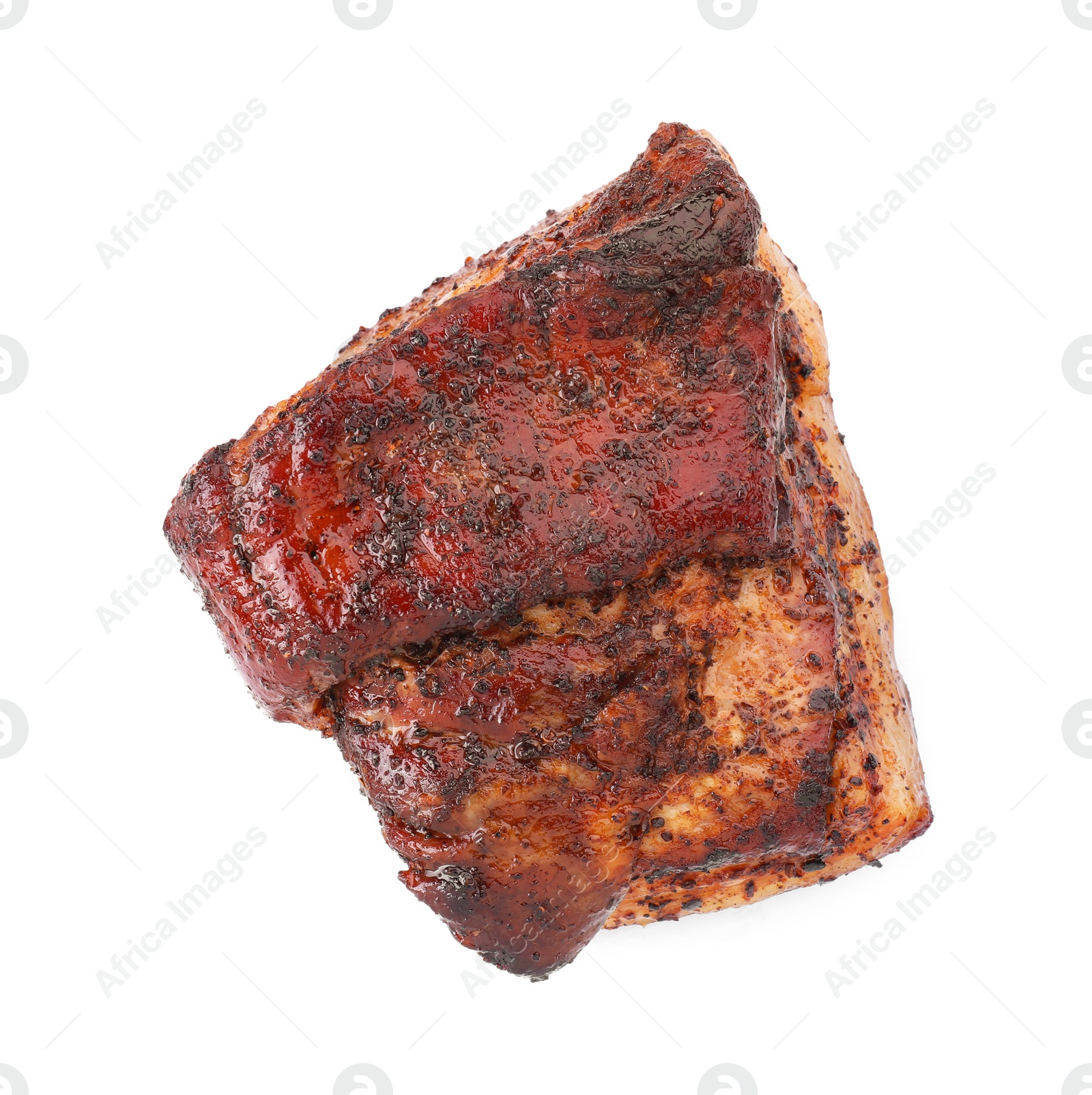 Photo of Piece of tasty baked pork belly isolated on white, top view