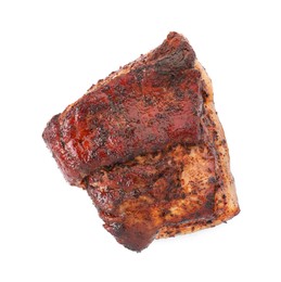 Photo of Piece of tasty baked pork belly isolated on white, top view