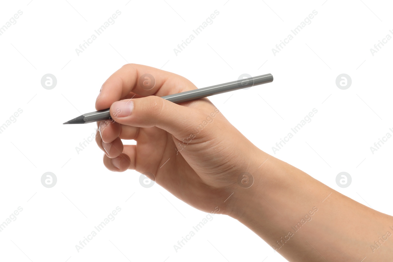 Photo of Young man holding pencil on white background, closeup