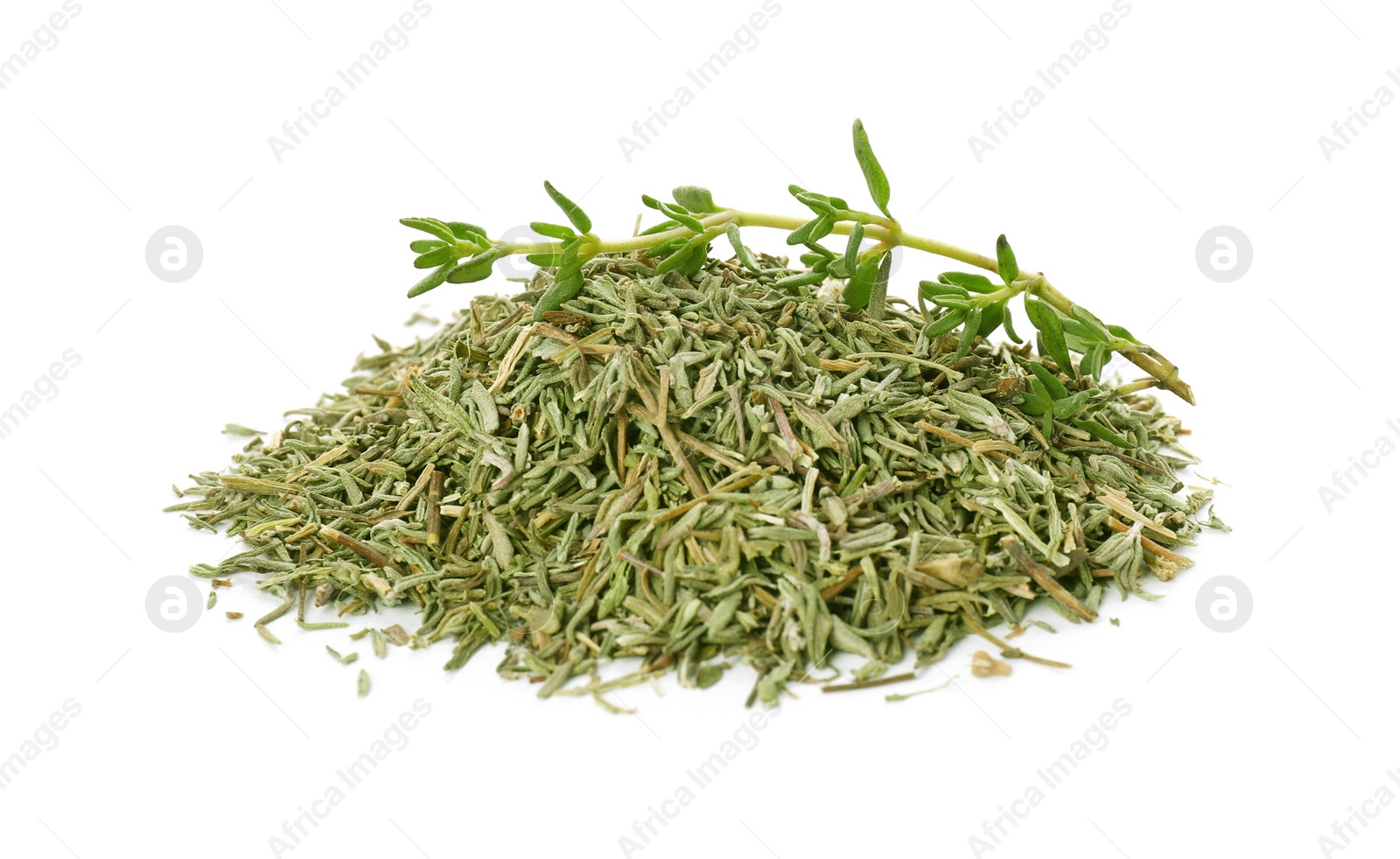 Photo of Pile of dried thyme and fresh herb isolated on white