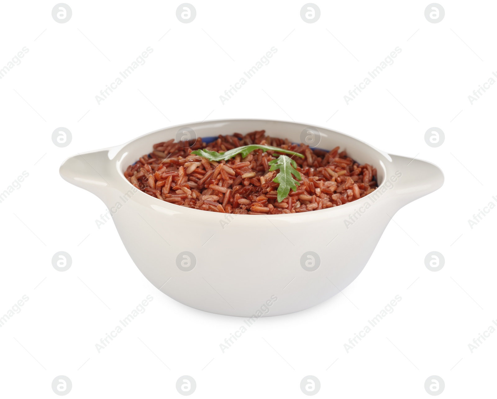 Photo of Delicious brown rice in bowl isolated on white