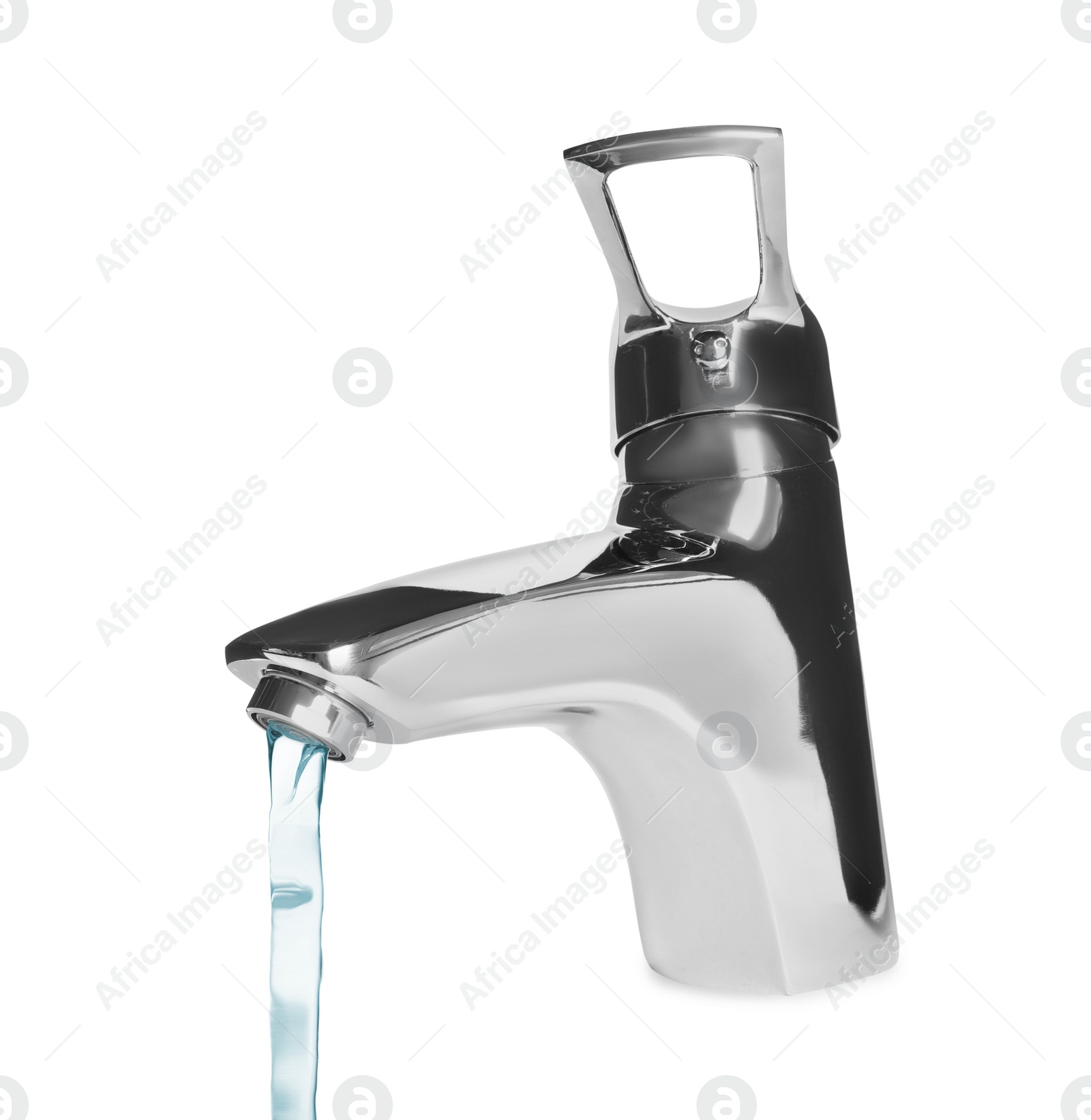 Image of Water stream flowing from tap on white background