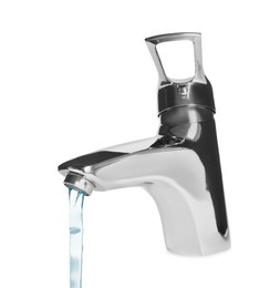 Water stream flowing from tap on white background