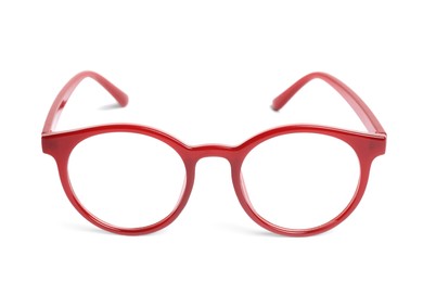 Photo of Stylish glasses with red frame isolated on white