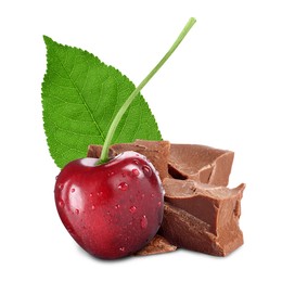 Image of Fresh cherry and pieces of chocolate isolated on white
