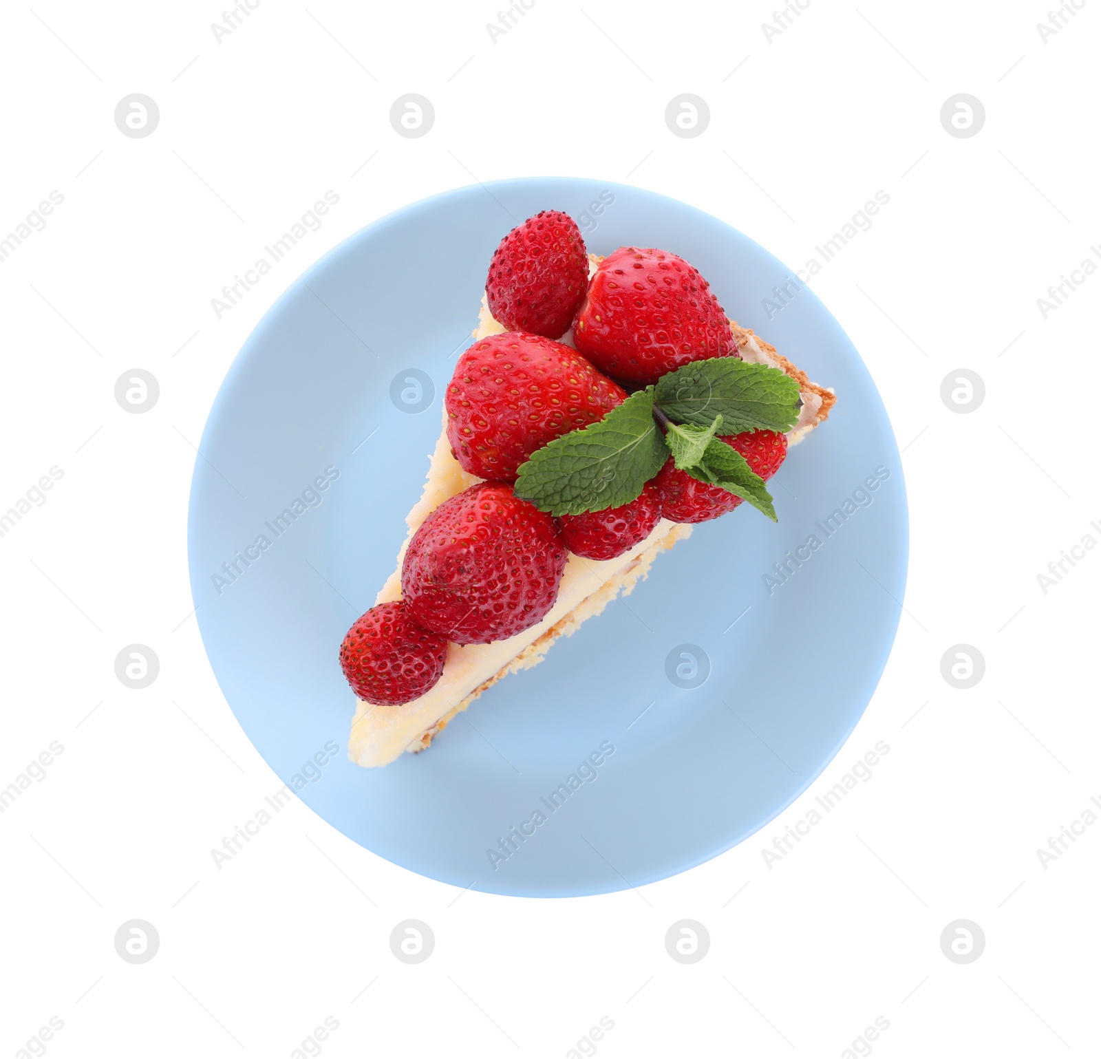 Photo of Piece of tasty cake with fresh strawberries and mint isolated on white, top view