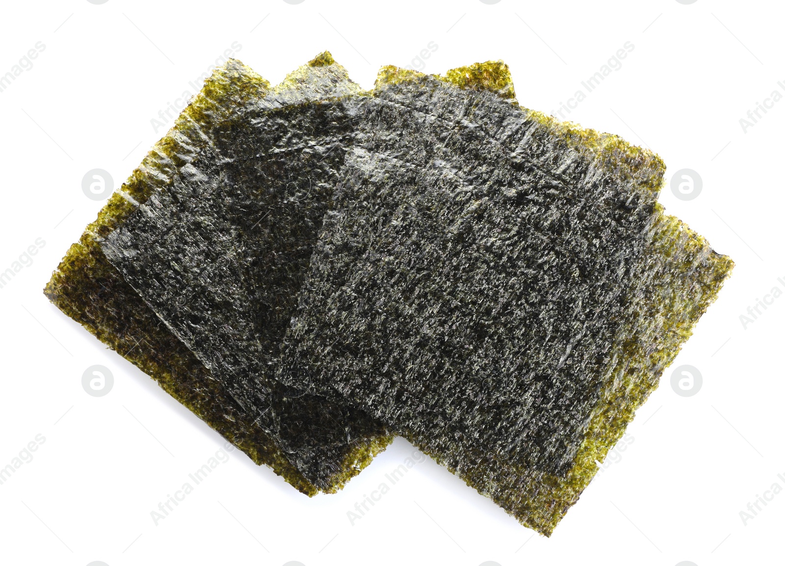 Photo of Dry nori sheets on white background, top view