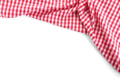 Photo of Classic red checkered tablecloth isolated on white, top view
