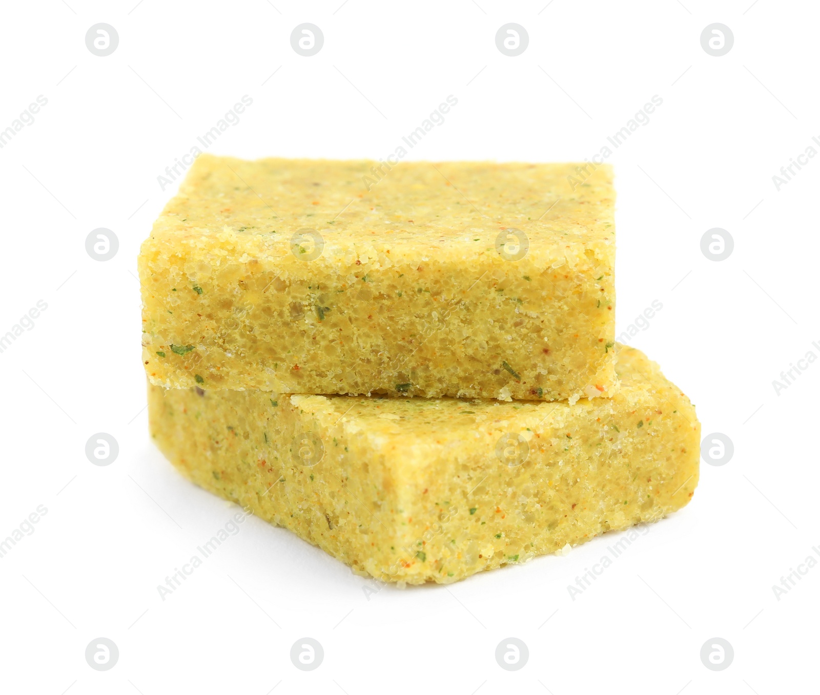 Photo of Bouillon cubes on white background. Broth concentrate