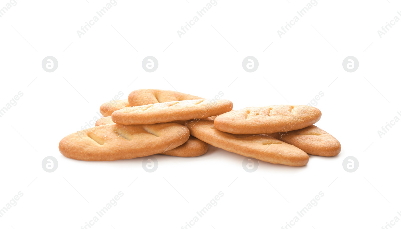 Photo of Crispy crackers isolated on white. Delicious snack