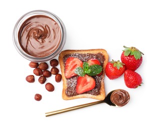 Photo of Delicious toast with nut cream, strawberries and mint isolated on white, top view