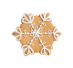 Photo of Tasty snowflake shaped Christmas cookie isolated on white