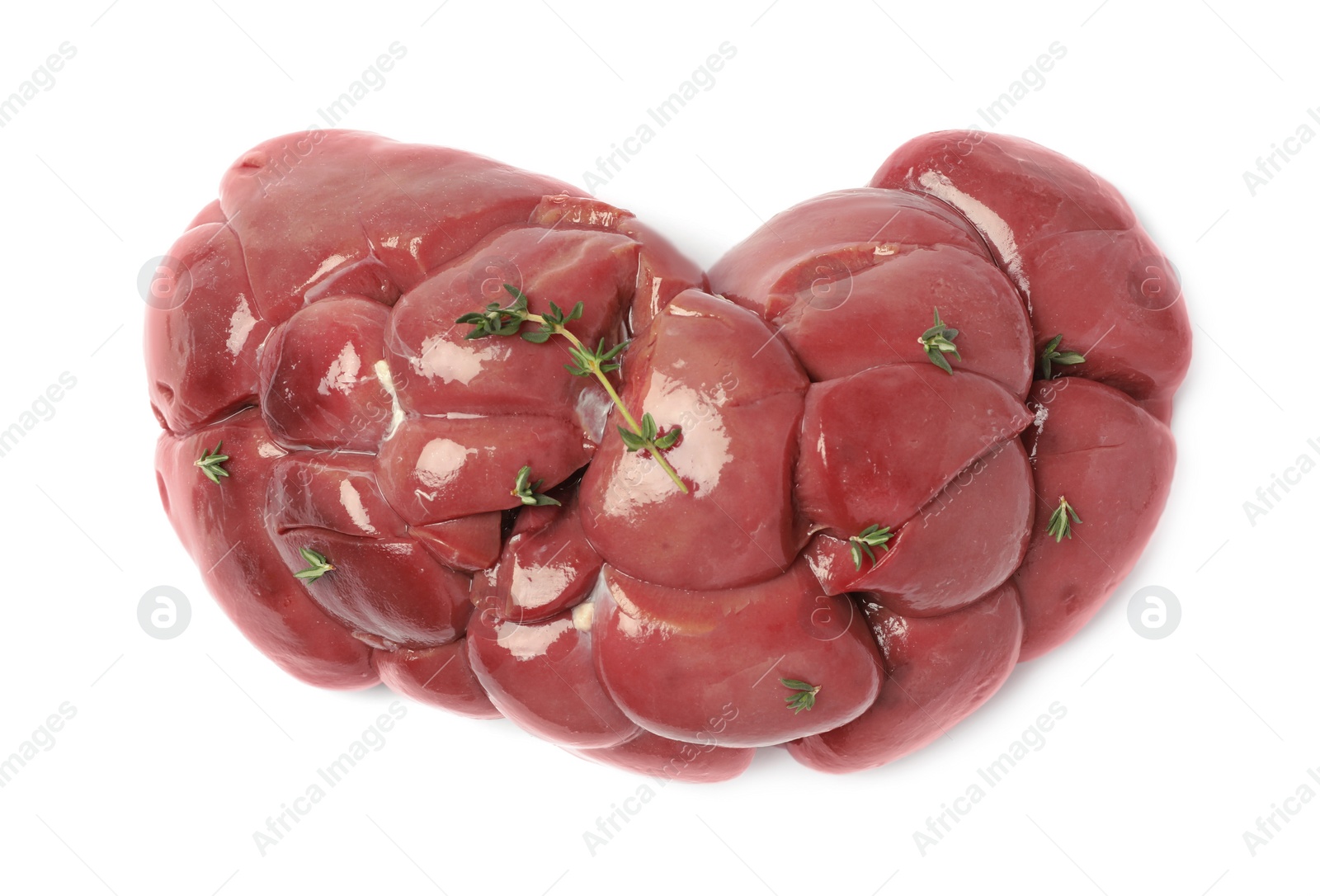 Photo of Fresh raw kidney meat with thyme isolated on white, top view