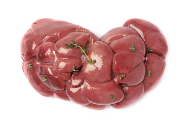 Fresh raw kidney meat with thyme isolated on white, top view