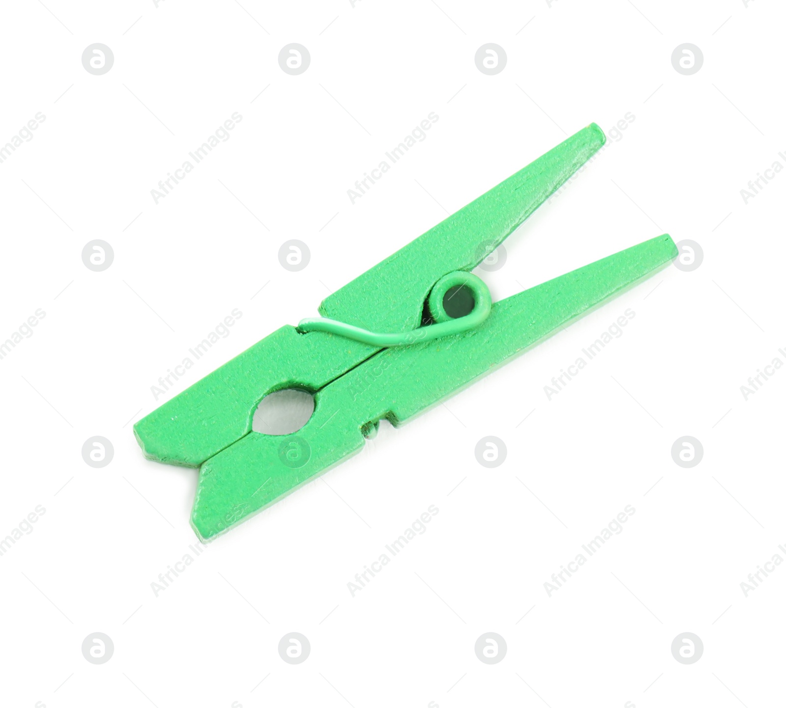 Photo of Bright green wooden clothespin isolated on white