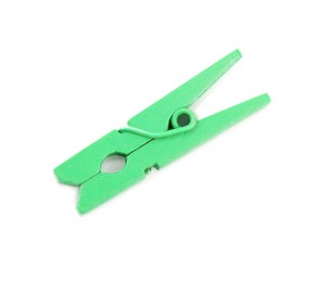 Photo of Bright green wooden clothespin isolated on white