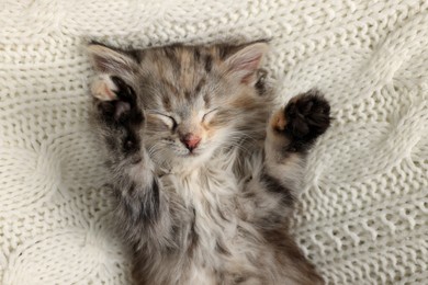 Photo of Cute kitten sleeping on white knitted blanket, top view