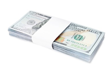 Photo of Bundle of dollar banknotes on white background. American national currency