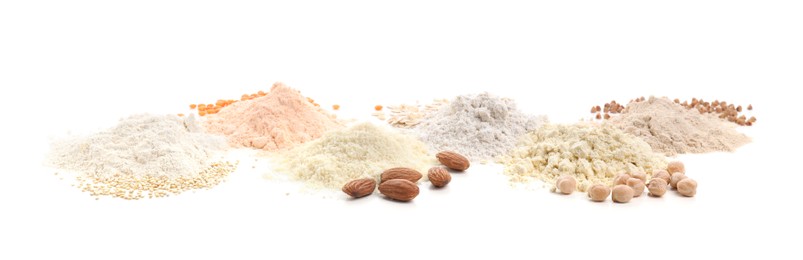 Photo of Different types of flours on white background