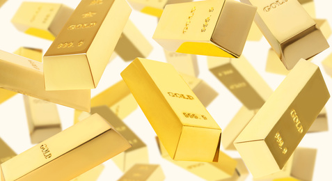 Image of Set of falling gold bars on white background. Banner design