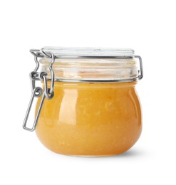 Photo of Delicious orange marmalade in glass jar isolated on white