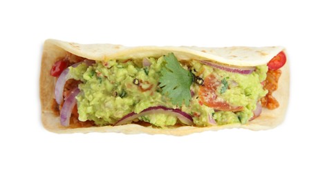 Photo of Delicious taco with guacamole and vegetables isolated on white, top view