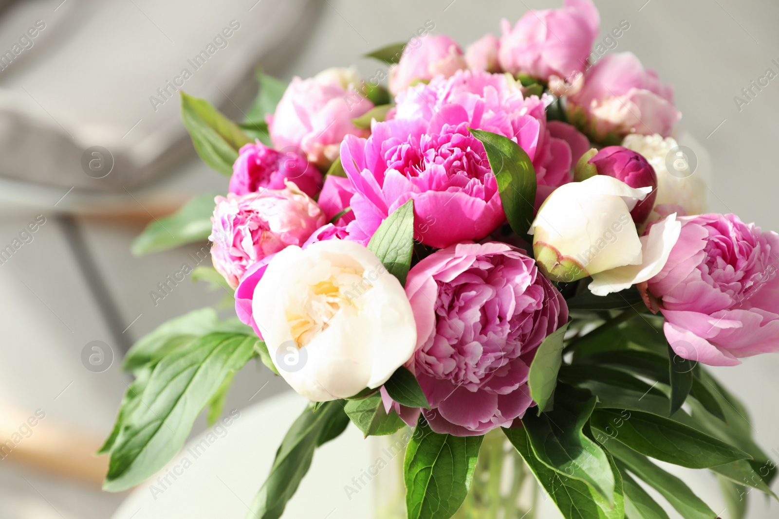 Photo of Vase with bouquet of beautiful peonies on table in room, closeup