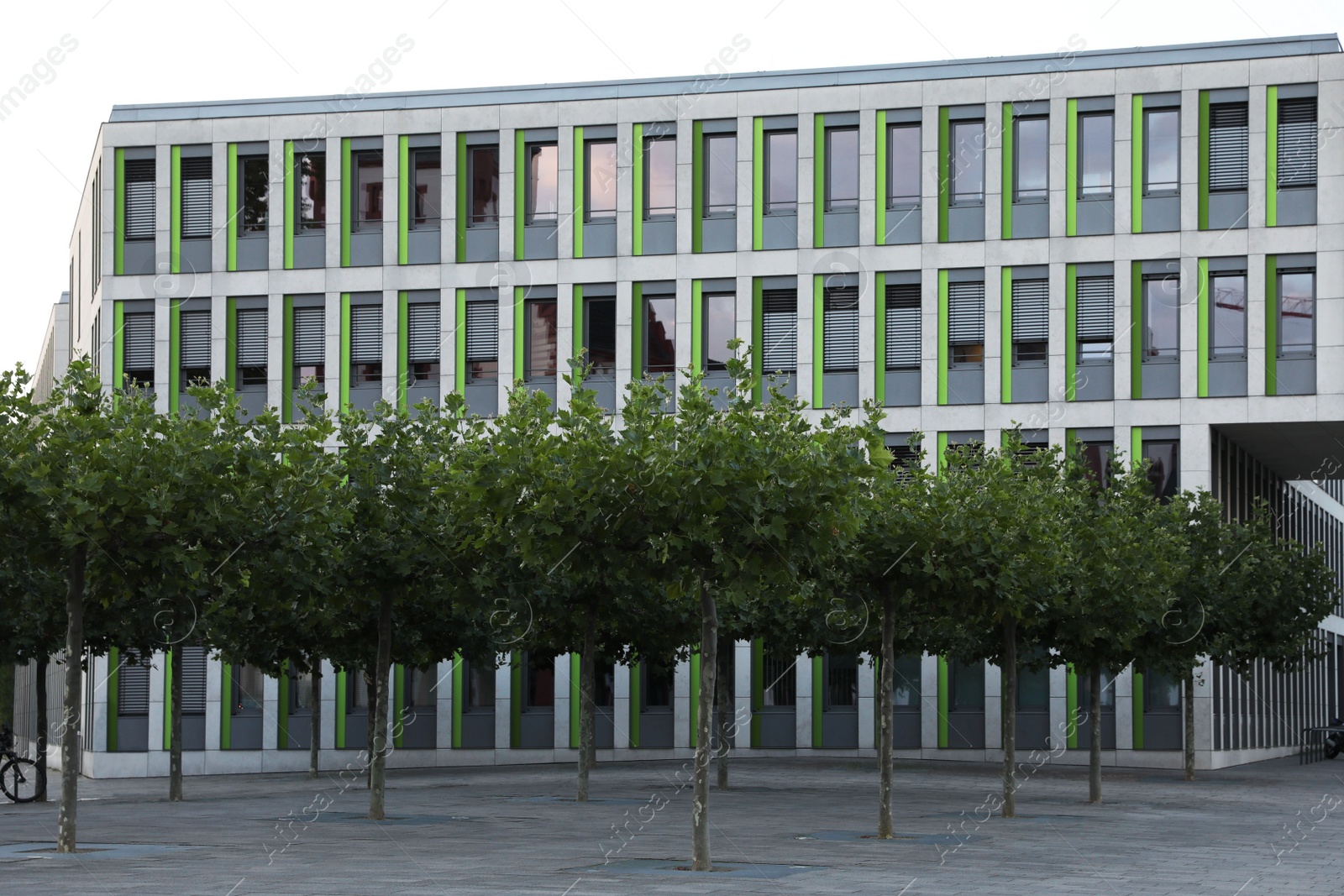 Photo of Beautiful view of modern building with big windows and trees outdoors