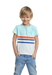 Photo of Happy little boy in casual outfit on white background