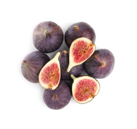 Photo of Whole and cut fresh figs isolated on white, top view