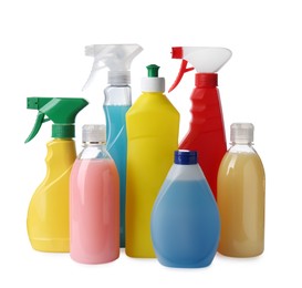 Bottles with different detergents on white background. Cleaning supplies
