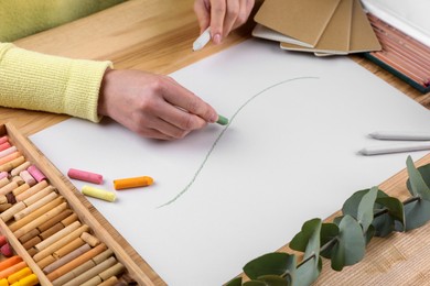 Woman drawing eucalyptus branch with soft pastels at wooden table, closeup