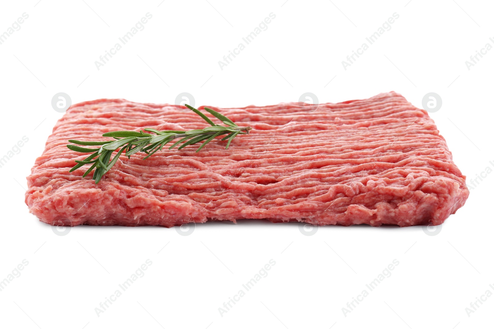 Photo of Raw fresh minced meat with rosemary isolated on white